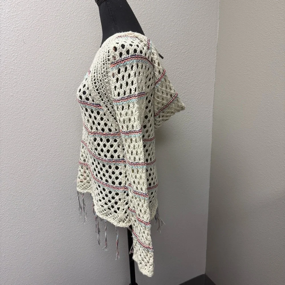 Poof! by Free People Open Knit Fringe Sweater Cream Boho Festival Beach Cover - Picture 5 of 10